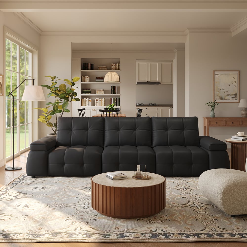 130" 3-Seater Genuine Leather Power Convertible Sleeper Sofa with Adjustable Armrests window image