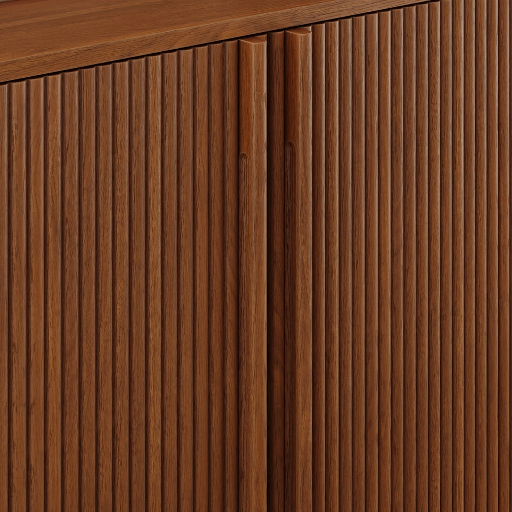 Enfilade cannelée en bois de noyer du milieu du siècle de 164 cm avec rangement et étagères réglables image de fenêtre