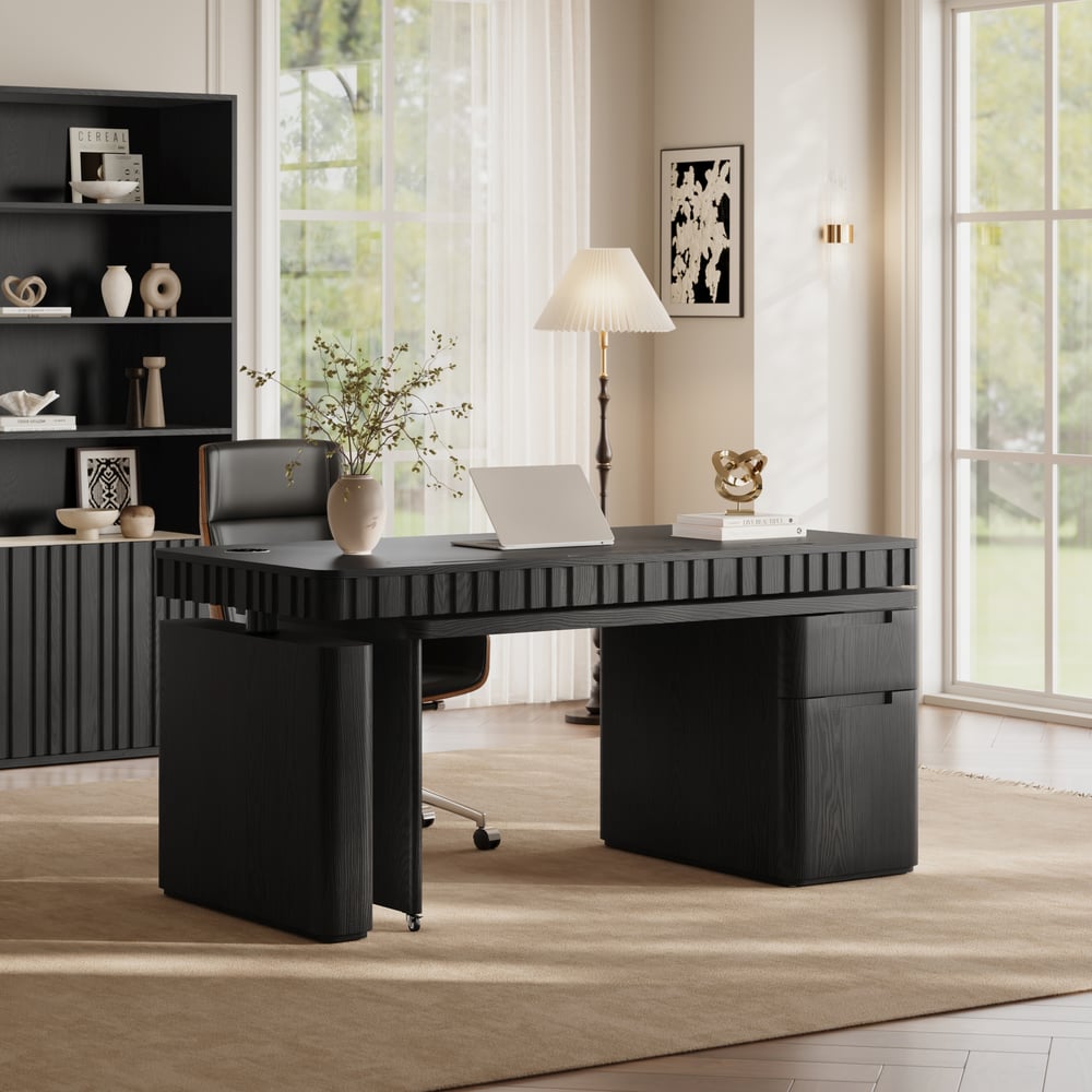 Bureau Aura 160 cm Noir Cannelé à Rotation 360 Degrés Bureau Debout Électrique Réglable image de fenêtre