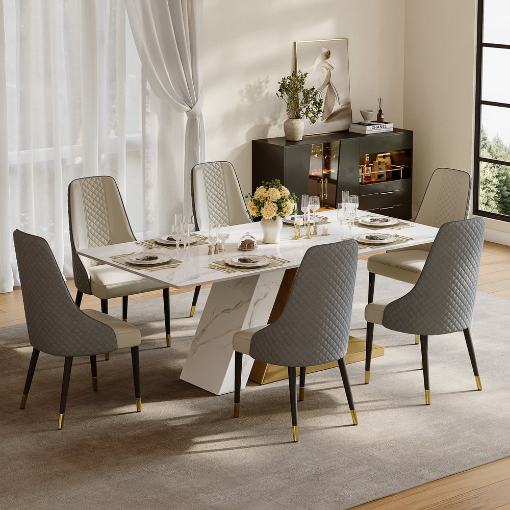 Dining Set 79" Modern Rectangle Sintered Stone Dining Table with 6 Chairs window image