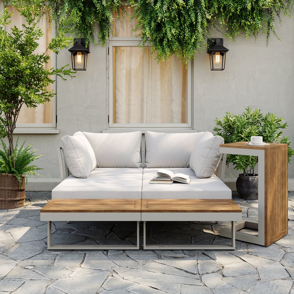 Slatera Outdoor Acacia & Aluminum Modular Sofa Set in Light Gray with Black Cover window image