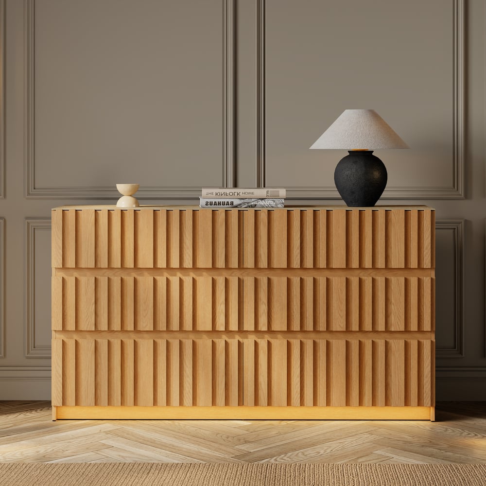 Aura 59" Natural Sintered Stone 6-Drawer Dresser with Lighting window image