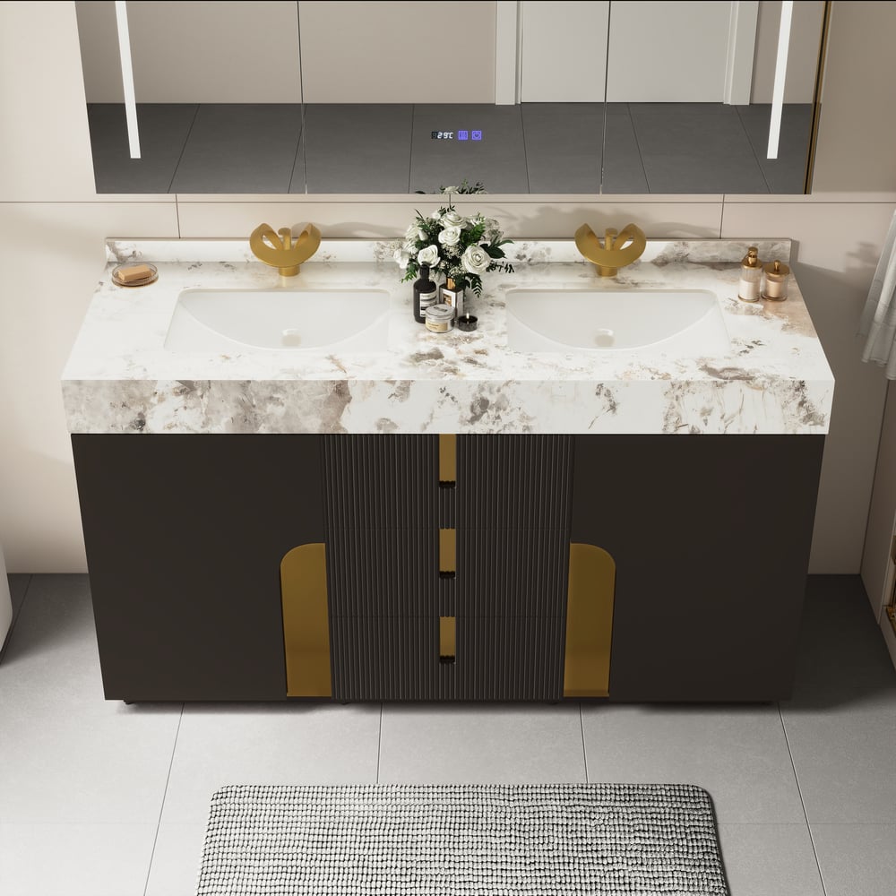 Mueble de baño Artis de 60" con doble lavabo y encimera de piedra sinterizada, 3 cajones Imagen de ventana