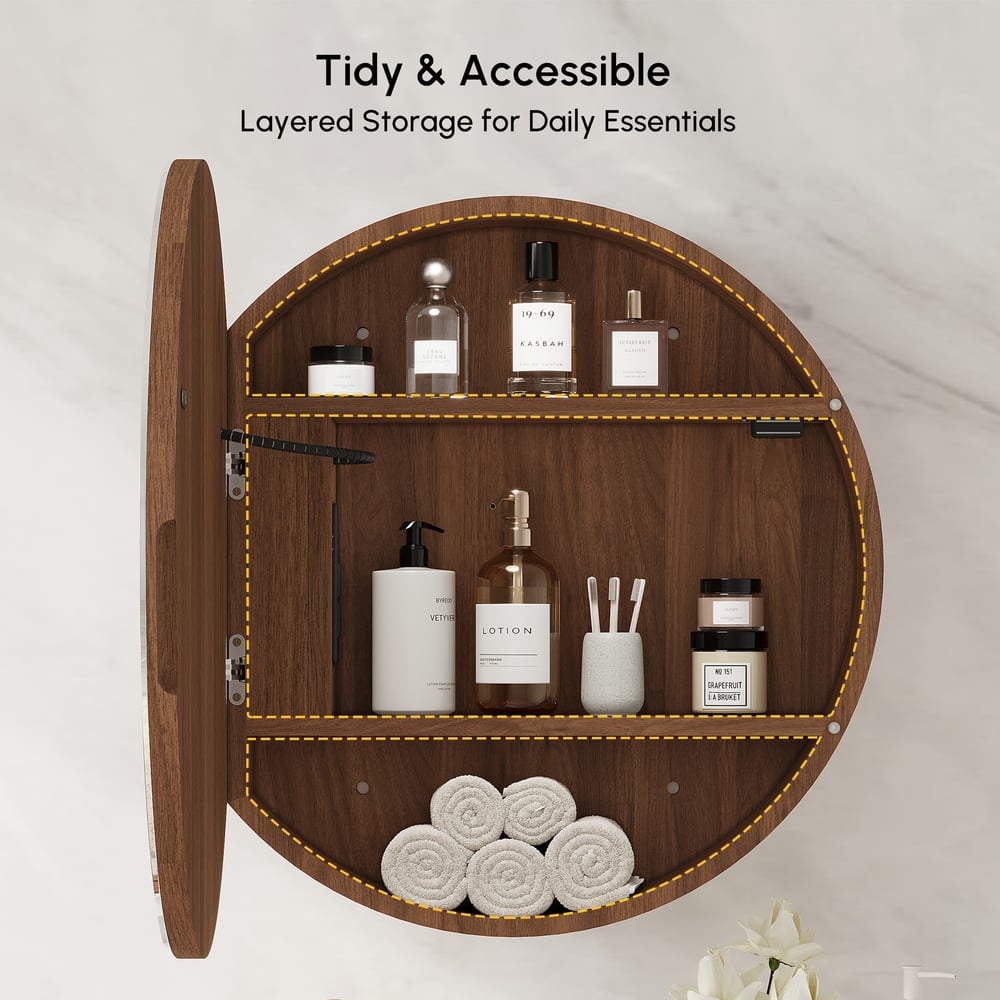 24" Round LED Walnut Medicine Cabinet with Storage, Anti-Fog, Dimmable window image