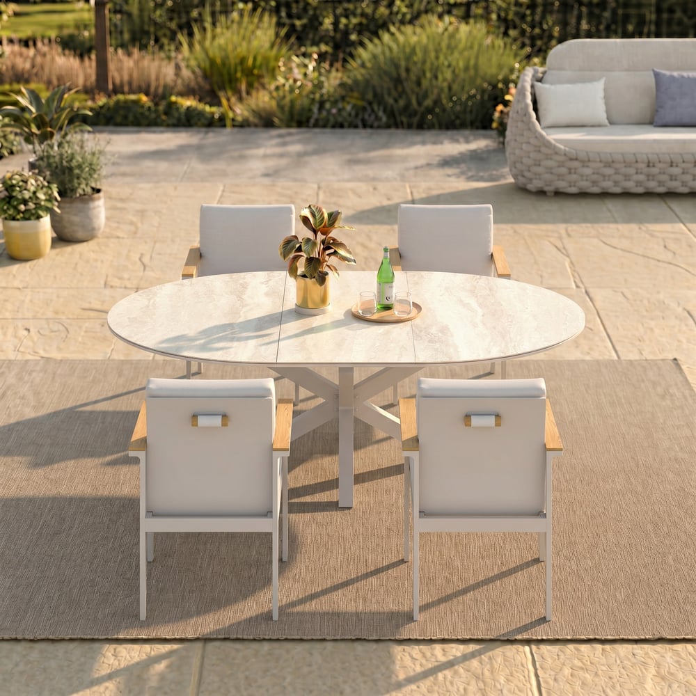 Outdoor 5-Piece Round Sintered Stone Top Extendable Dining Set window image