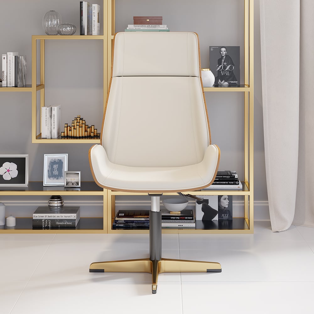 Warm White Curved Wooden Office Desk & Adjustable Swivel Executive Chair in Beige & Gold window image