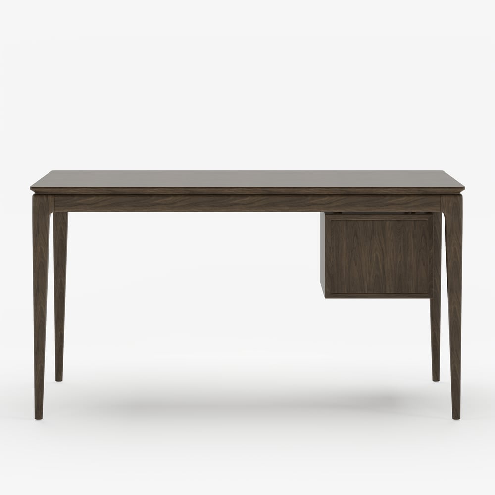 Tanic bureau 140 cm van essenhout, rookbruin, met 3 laden Vensterafbeelding