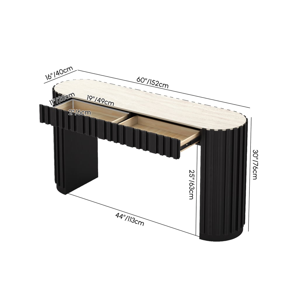 Aura 60" Ash Wood Fluted Black Console Table With Sintered Stone Top weights dimensions image