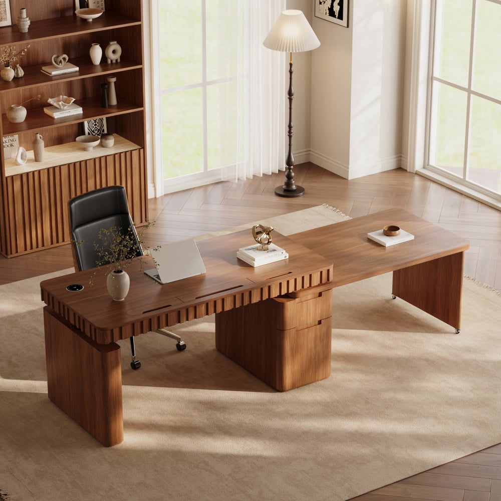 Aura 63" Walnut Flutted 360-Degree Rotating Desk Electric Adjustable Standing Desk window image