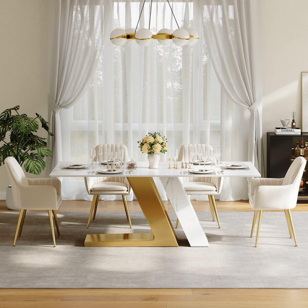 Dining Set 79" Modern Rectangle Sintered Stone Dining Table with 6 Chairs window image