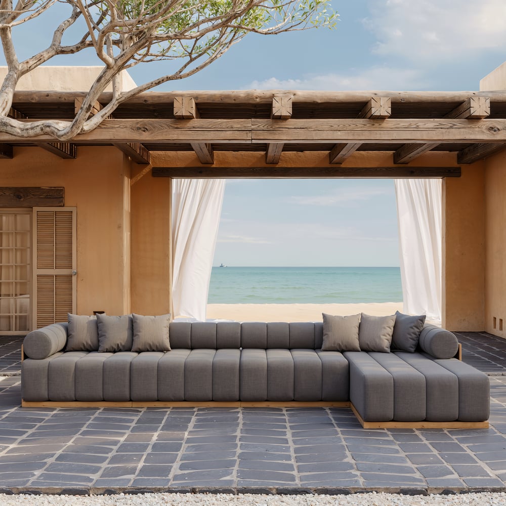 Resaro 4-delige modulaire buitenbankset van teakhout voor 5 personen in grijs Vensterafbeelding