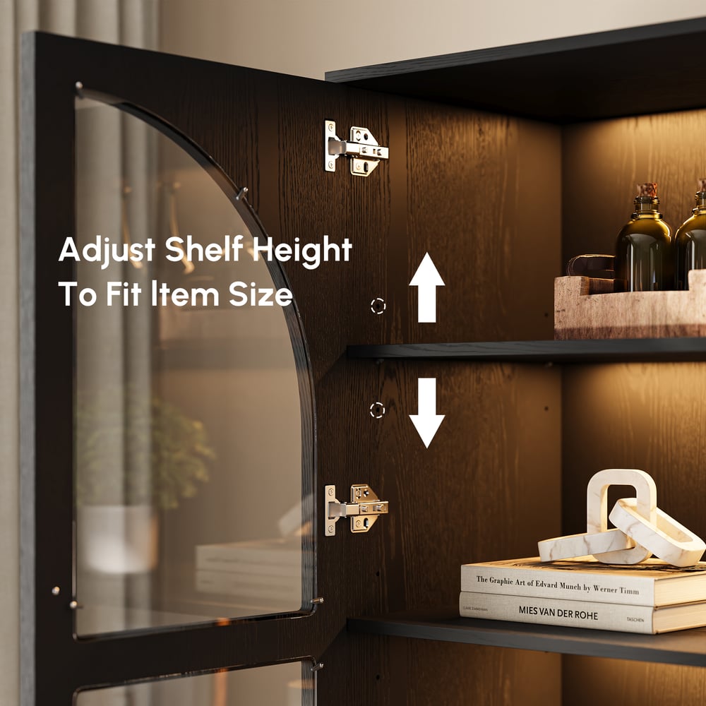 Arune Zwart Glazen Hoge Vitrinekast met Lades & LED Verlichting Vensterafbeelding