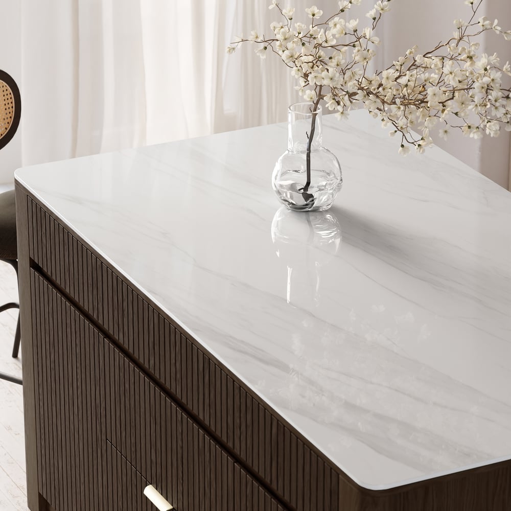 Mid-Century 72" Glossy Sintered Stone Kitchen Island with Storage, Smoky Brown window image