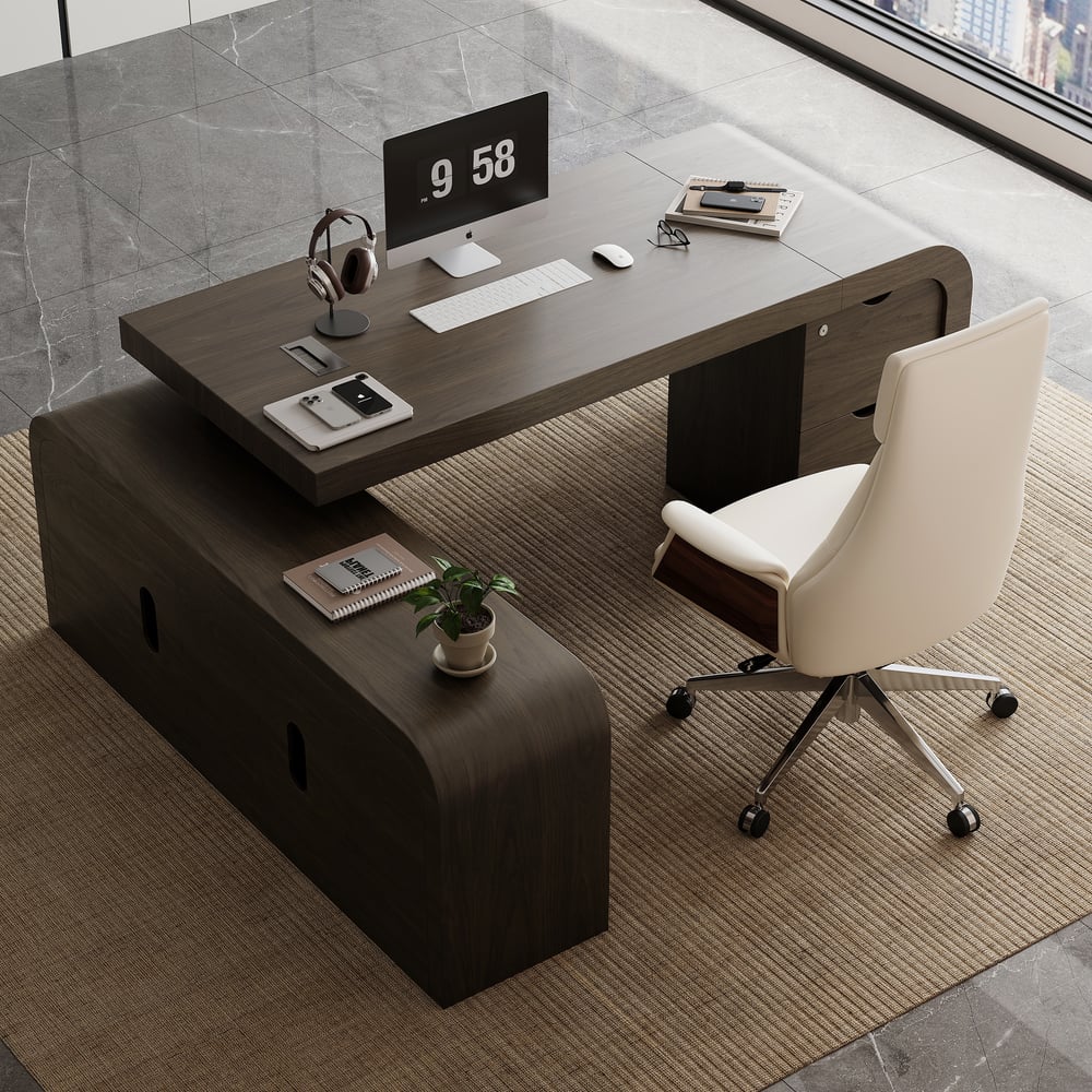 Chicent 71'' L-shaped Smoked Brown Computer Desk with Cabinet Left Hand window image