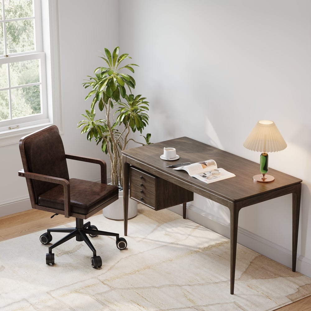 Tanic bureau 140 cm van essenhout, rookbruin, met 3 laden Vensterafbeelding