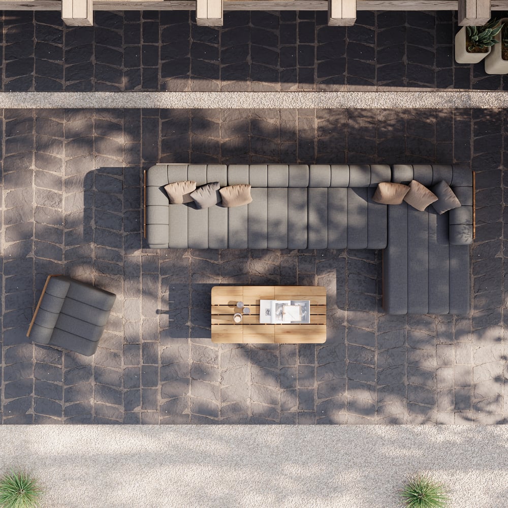 Ensemble de canapé modulaire d'extérieur Resaro 8 pièces en teck naturel cannelé, couleur gris image de fenêtre