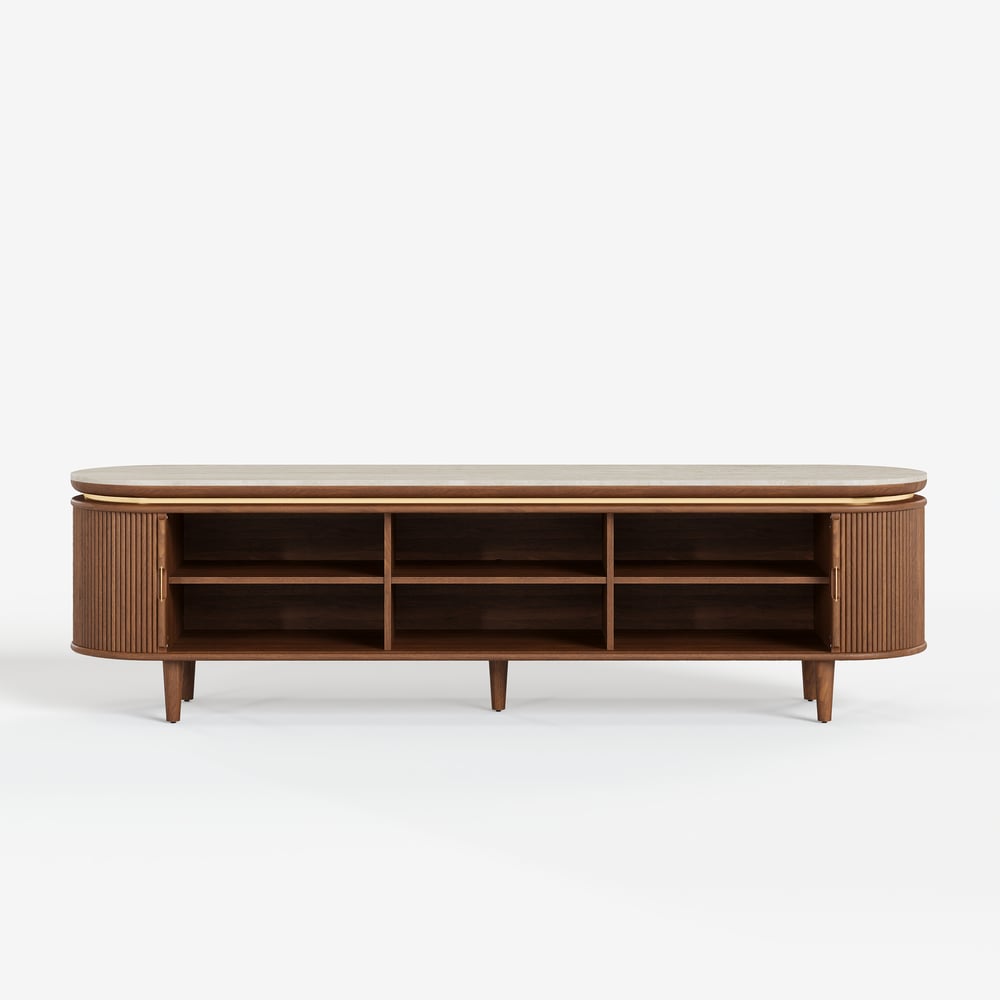 79" Ash Wood Walnut Fluted TV Stand with Sintered Stone Top window image