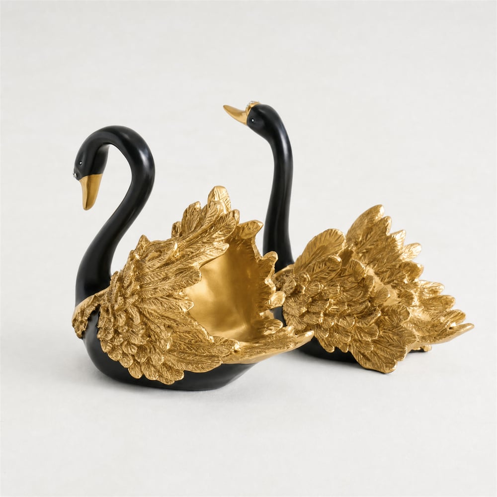 2-Piece Resin Swan Figurines, Black & Gold Decorative Storage Set window image
