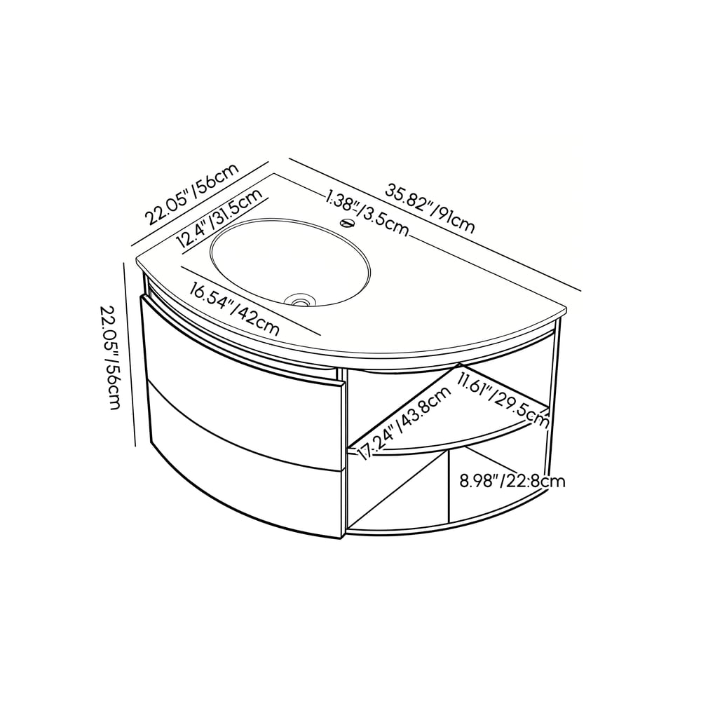 Meuble de salle de bain d'angle de 36 pouces avec rangement et éclairage LED à capteur Poids, dimensions, image