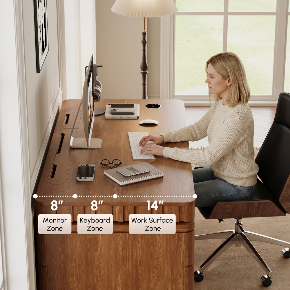 Aura 63" Walnut Flutted 360-Degree Rotating Desk Electric Adjustable Standing Desk window image