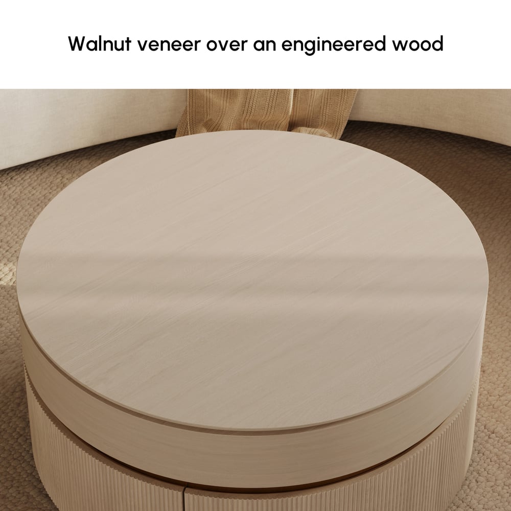 Table basse ronde à plateau relevable cannelé de 32 pouces avec 2 tiroirs image de fenêtre