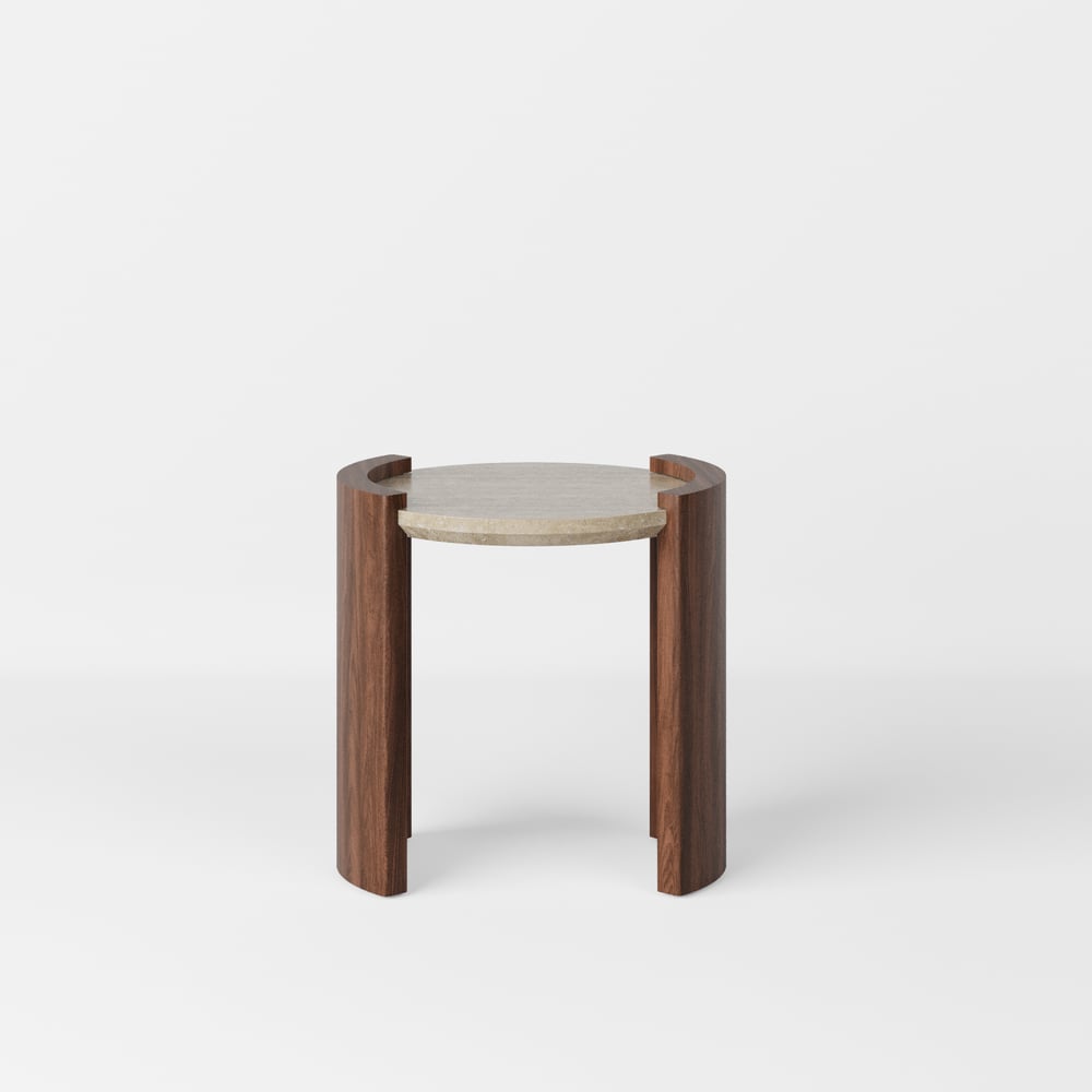 Table d'appoint ronde en noyer de 20 pouces avec plateau en travertin image de fenêtre