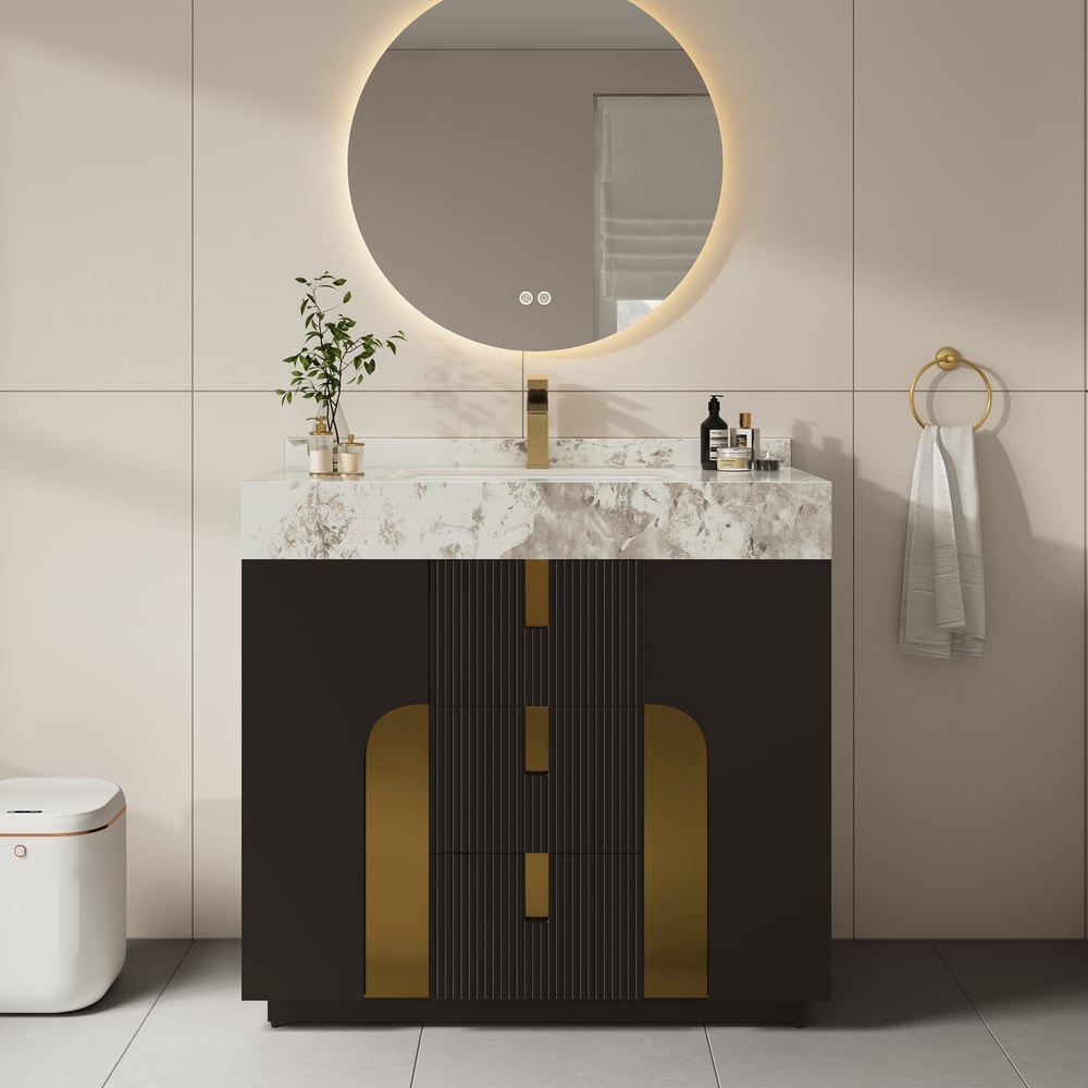 Meuble-lavabo simple autoportant Artis de 91cm avec dessus en pierre frittée image de fenêtre