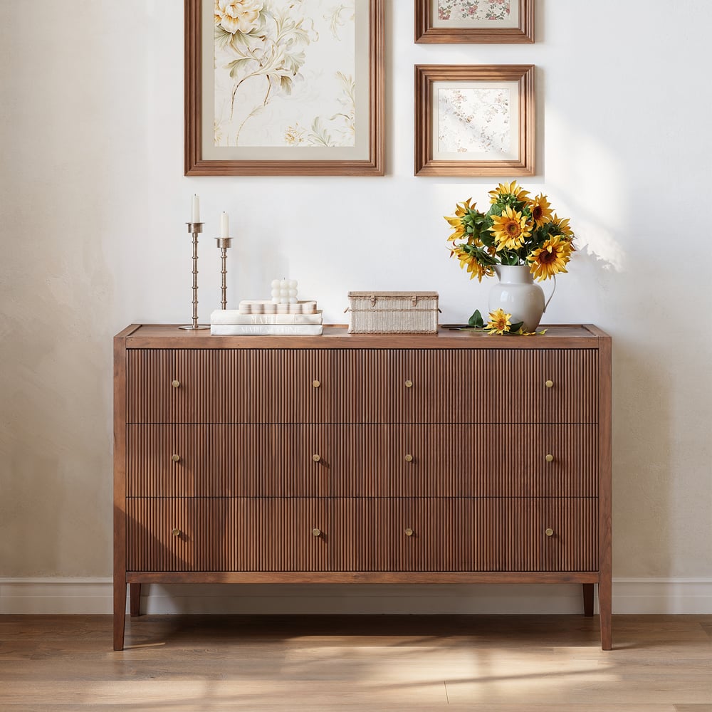 Stria 47" Fluted Natural 6-Drawer Dresser with Charging Station window image