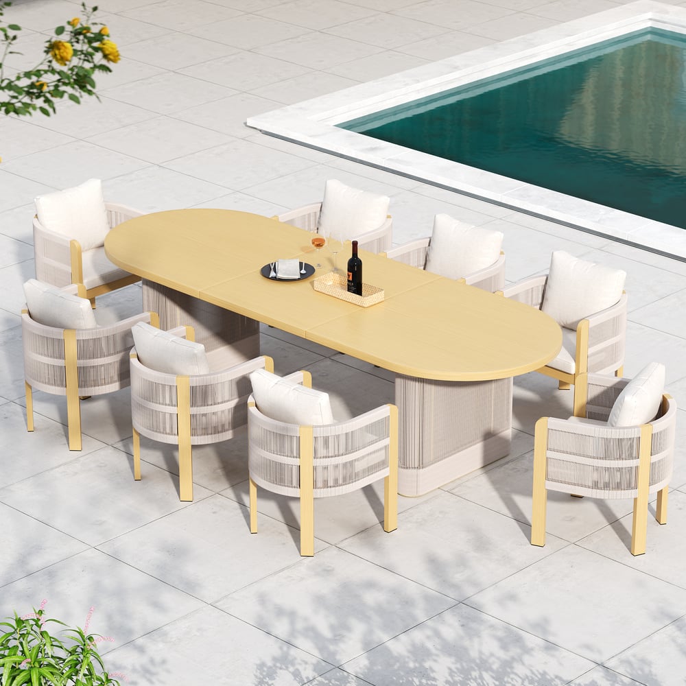 Costra 9-Piece Outdoor Aluminum & Rope Extendable Dining Set with 8 Chairs window image