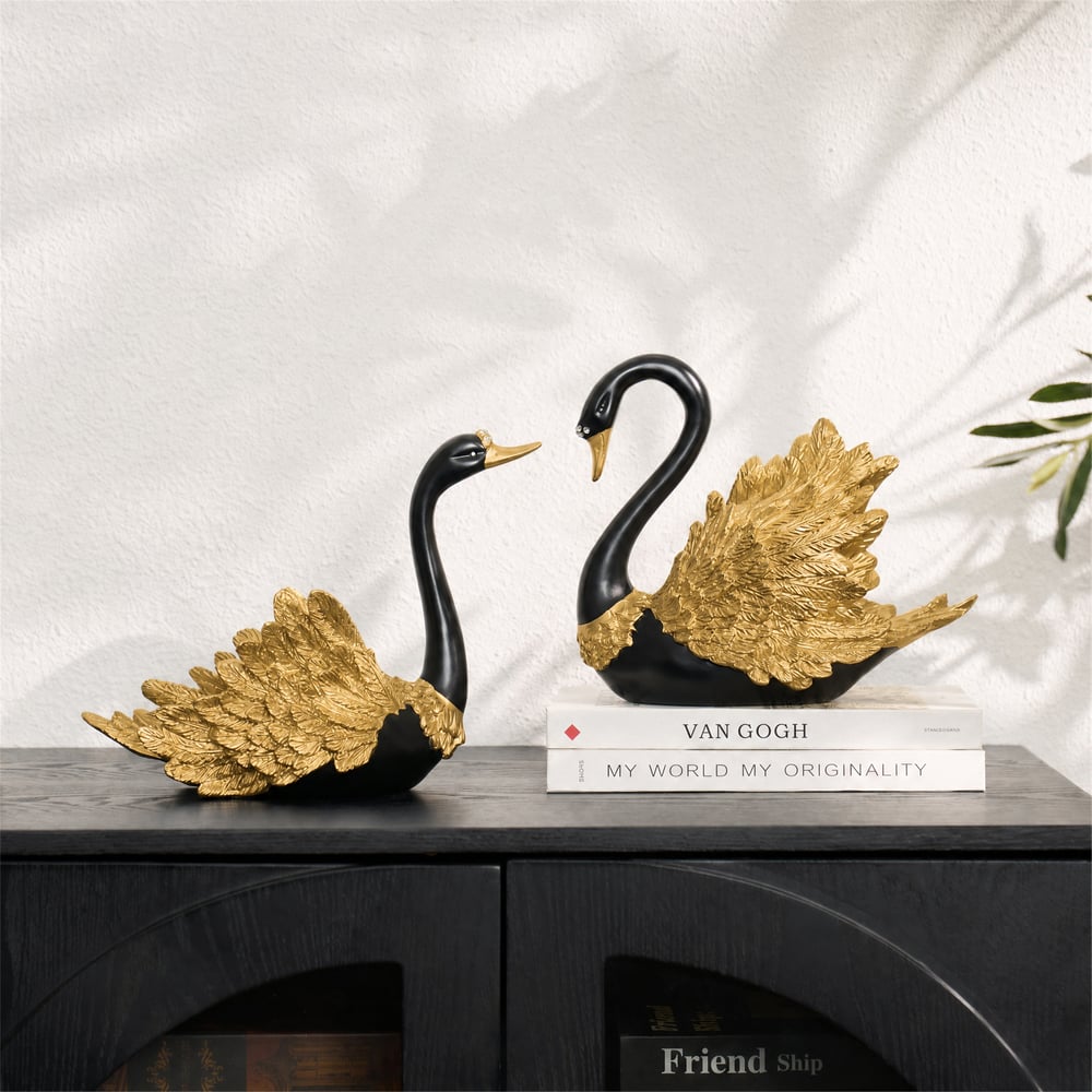 2-Piece Resin Swan Figurines, Black & Gold Decorative Storage Set window image