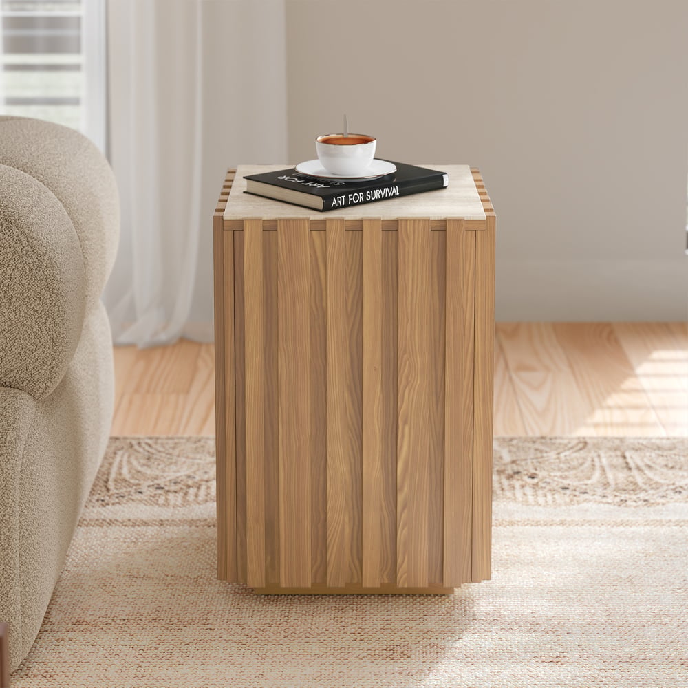 Aura Ash Wood Fluted Natural Side Table with Sintered Stone Top window image