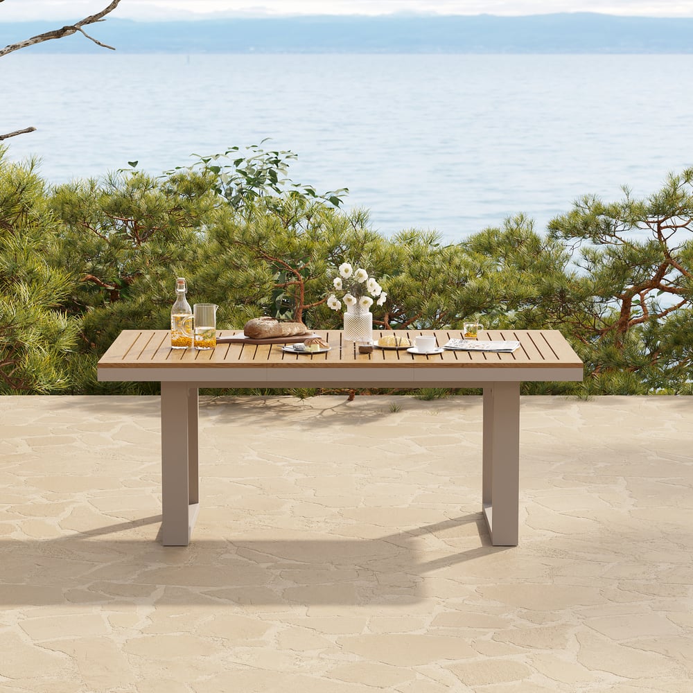 Tevara 6-Person Rectangle Teak & Aluminum Outdoor Patio Dining Table in Sand window image