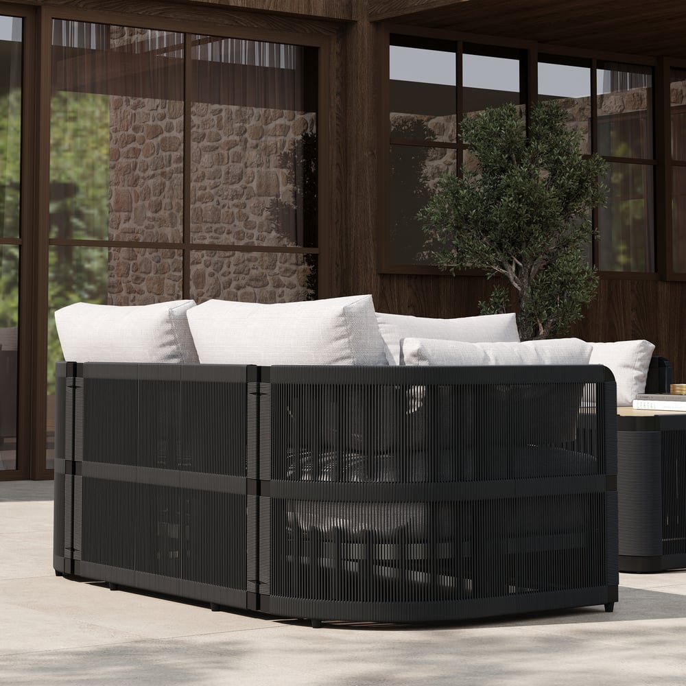 4-Pieces Modern Aluminum & Rope Outdoor Swivel Sofa Set with Coffee Table in Black for 6 window image