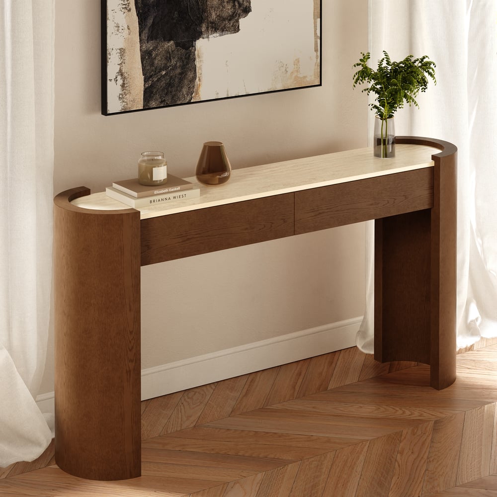 Console ovale Japandi de 60 pouces en pierre frittée avec 2 tiroirs image de fenêtre