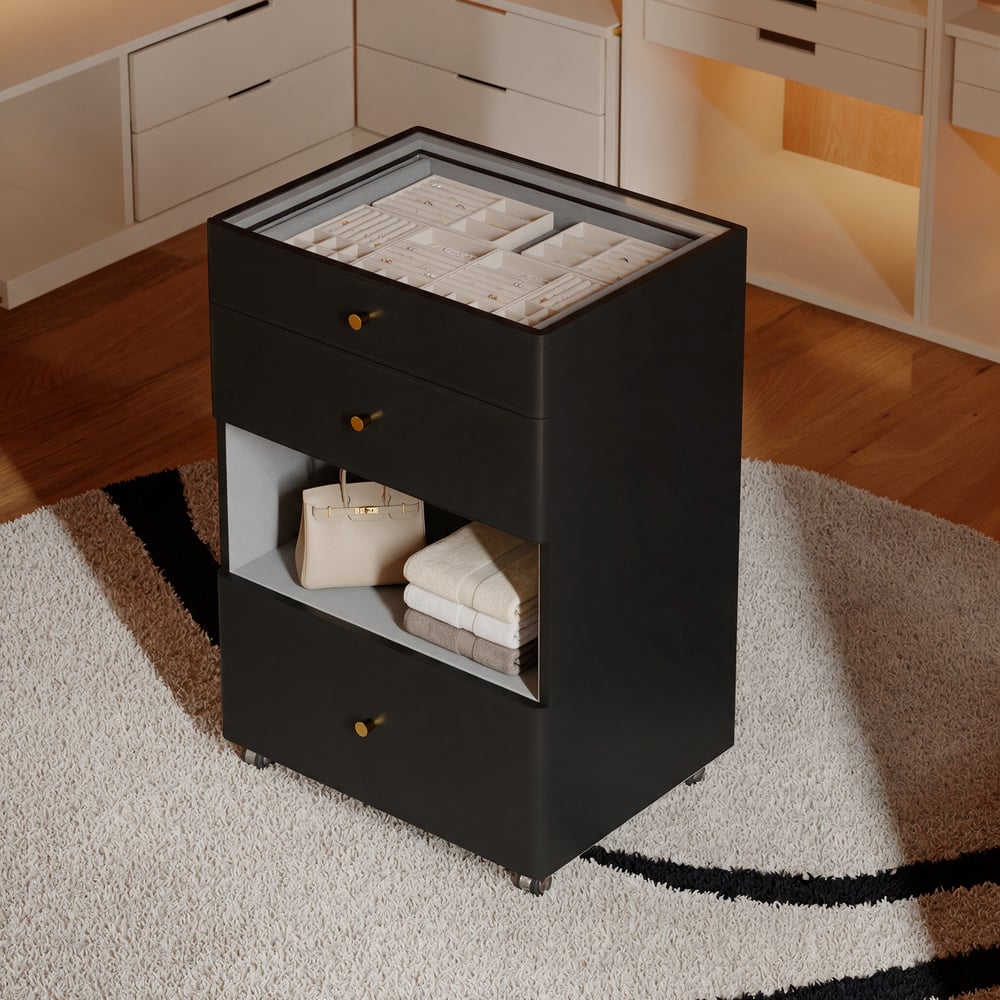 Selvo Walk-In Closet Island Jewelry Dresser with Glass Top & Light window image