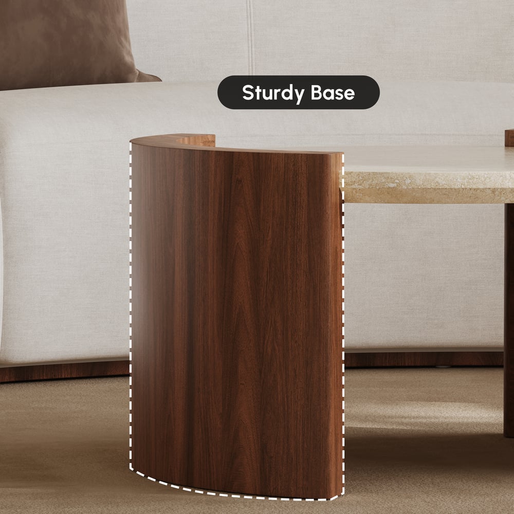 Table basse ronde en noyer de 28 pouces avec plateau en travertin image de fenêtre