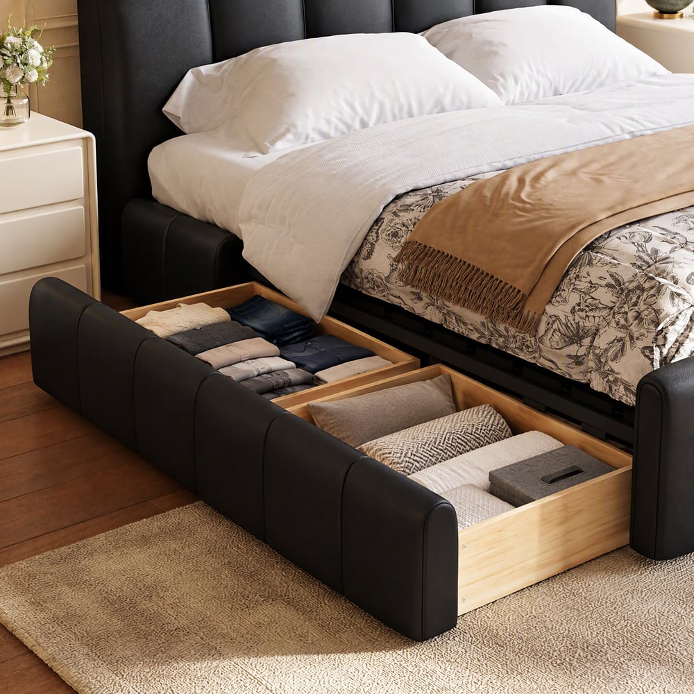 Humply Queen Black Faux Leather Storage Bed with Drawers window image
