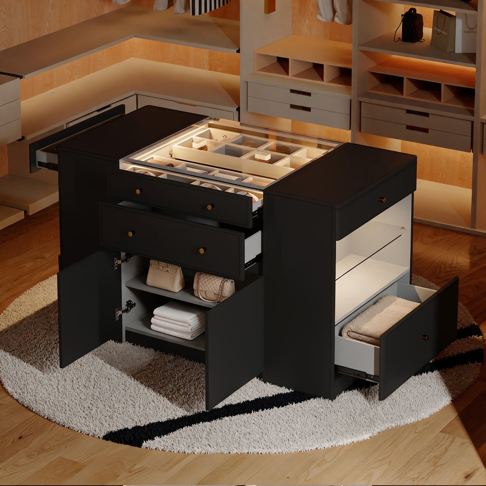 Selvo Saddle Leather Black Closet Island with Storage, Light and Jewelry Display window image