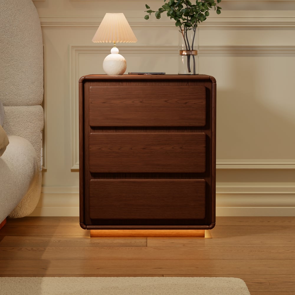 Haloa Walnut 3-Drawer LED Nightstand with Charging Station window image