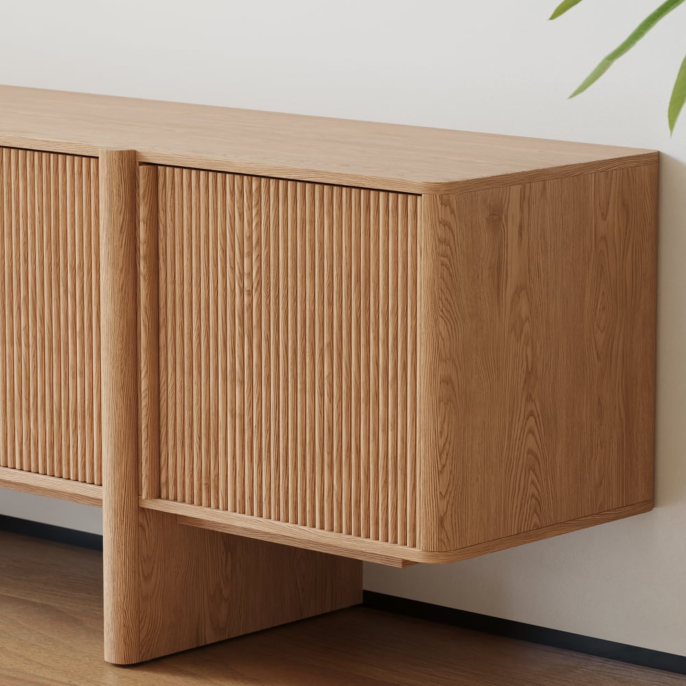 80" Solid Wood Fluted Natural TV Stand with Cabinets window image