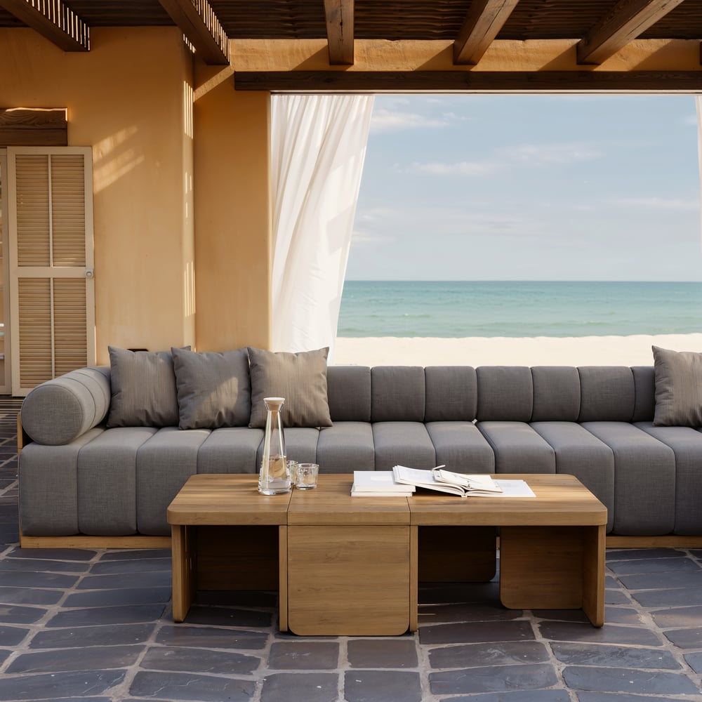 Ensemble de canapé modulaire d'extérieur 7 pièces Resaro en teck naturel avec dossier cannelé gris foncé image de fenêtre