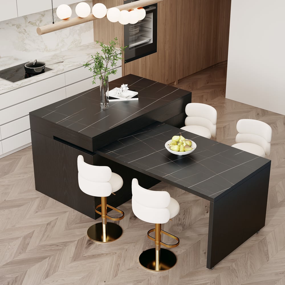 Îlot de cuisine extensible en pierre frittée mate de 81''-112" avec rangement, Noir image de fenêtre