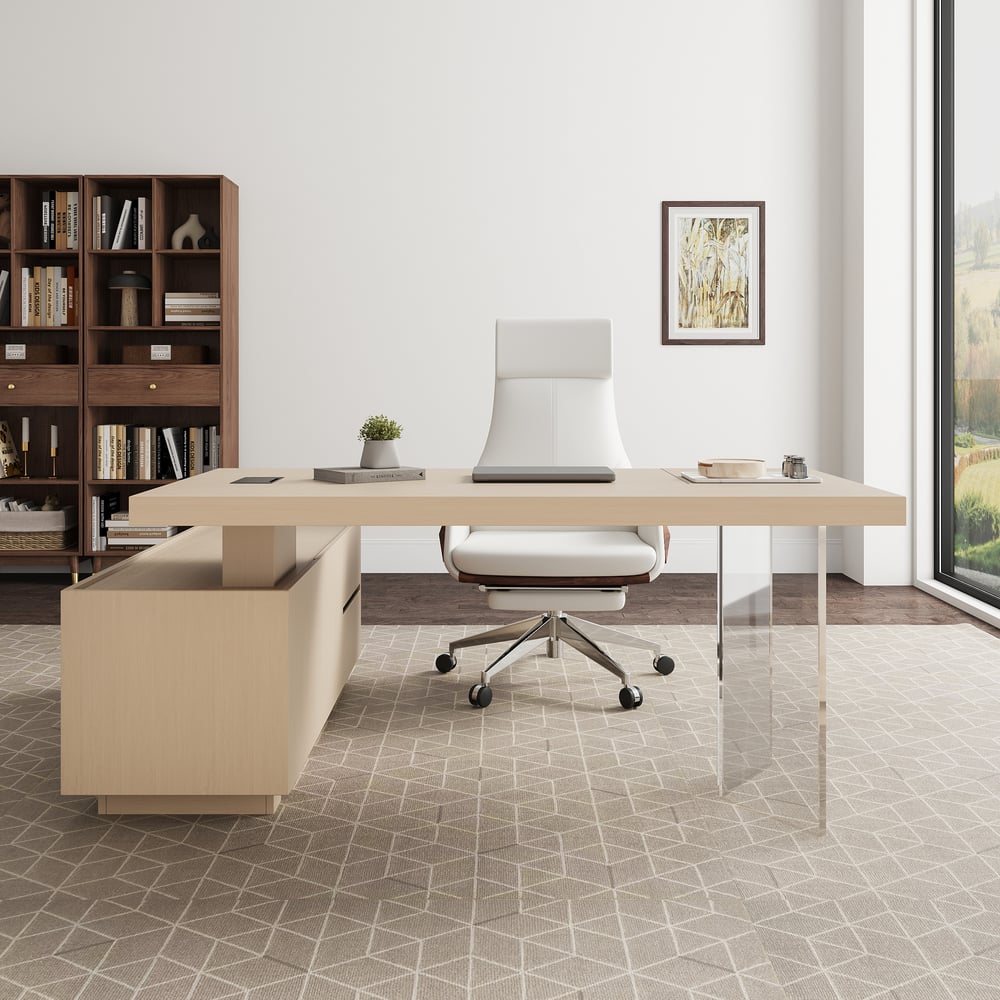 Modern 72" L-Shape Whitewash Standing Executive Desk with lifter Desktop Right Hand window image