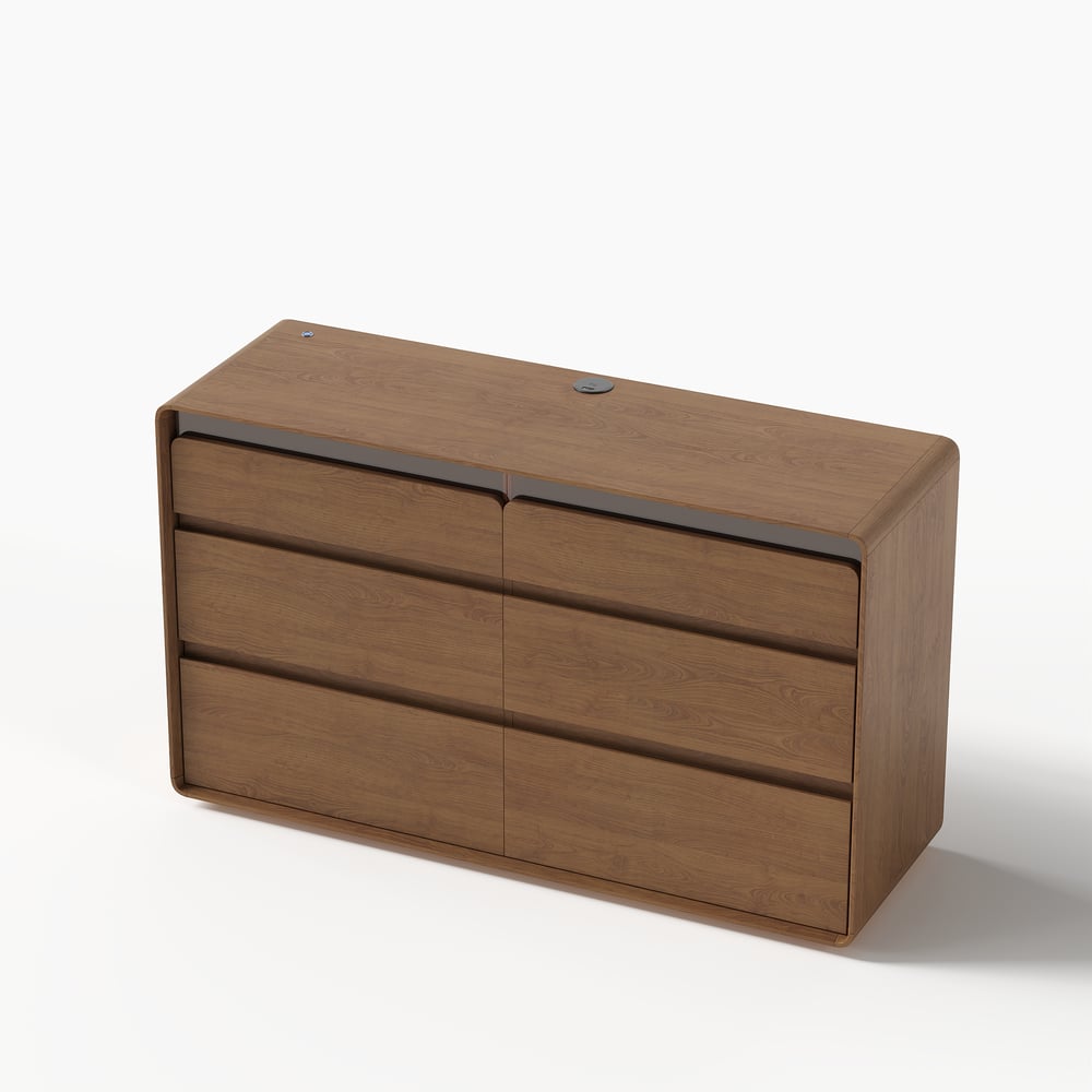 Meloa 47" Wooden Walnut 6-Drawer Dresser with Light and Charging Station window image