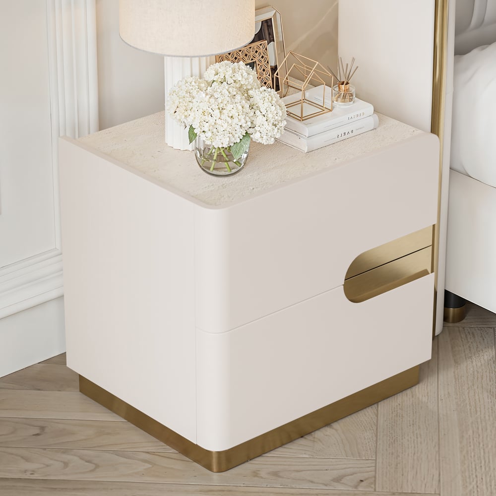 20-calowy inteligentny stolik nocny z 2 szufladami, blatem ze spieku kwarcowego i stacją ładującą, zestaw 2 sztuk obraz okna