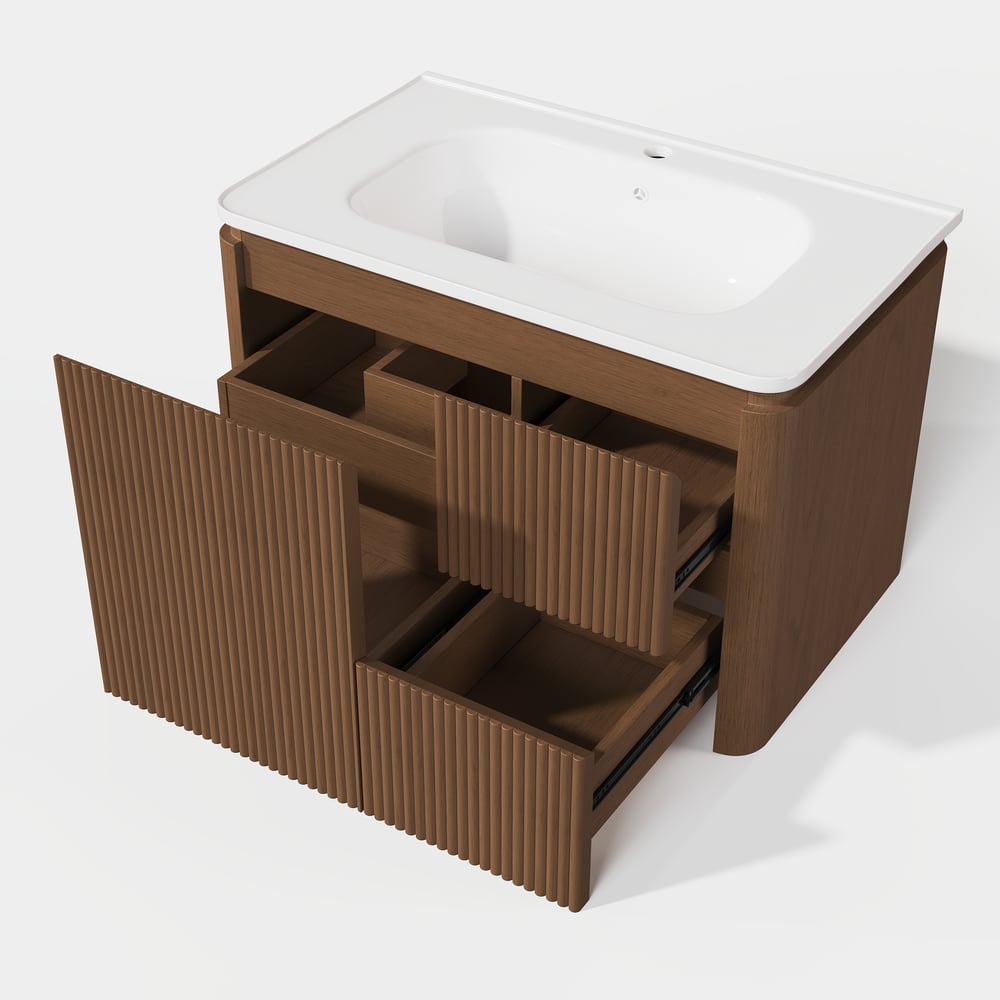 Meuble-lavabo de salle de bain flottant cannelé moderne de 81 cm avec lavabo, éclairage LED doux et grand espace de rangement image de fenêtre
