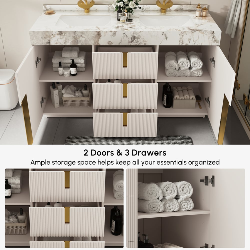 Tocador de baño doble flotante Artis de 60 pulgadas con lavabo, encimera de piedra sinterizada, amplio almacenamiento Imagen de ventana