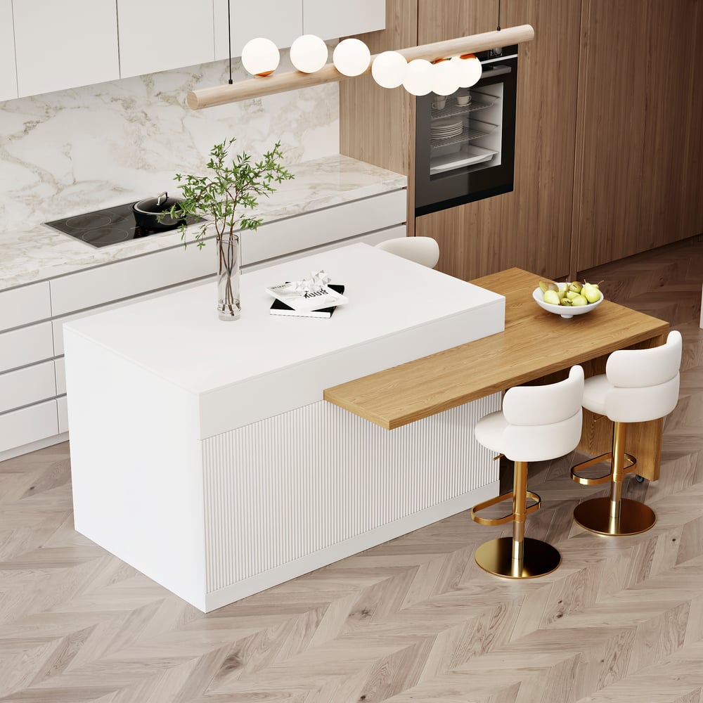Îlot de cuisine extensible en bois de 81''-112" avec rangement, Naturel & Blanc image de fenêtre
