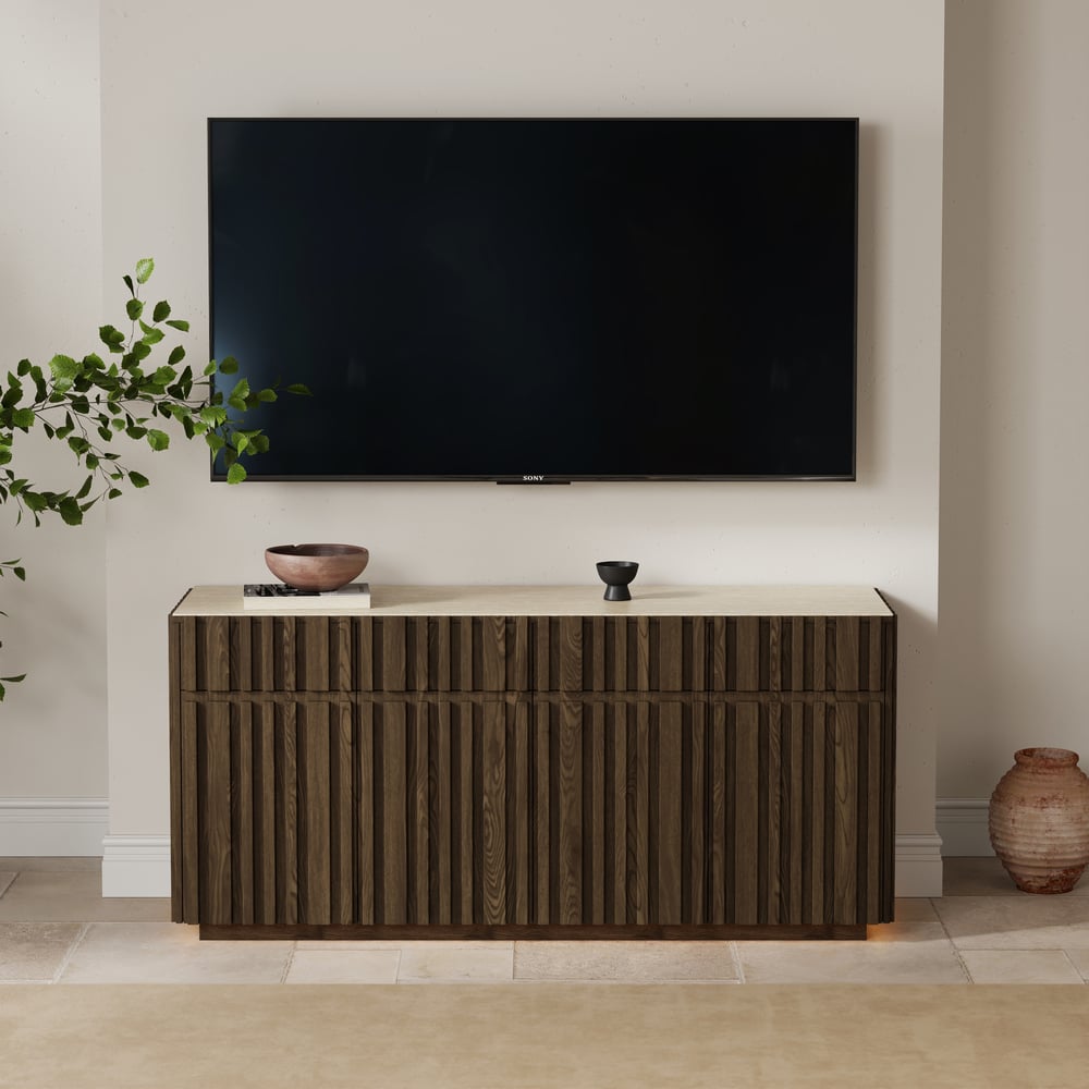 Aura 65" Ash Wood Slatted TV Stand with Sintered Stone Top window image