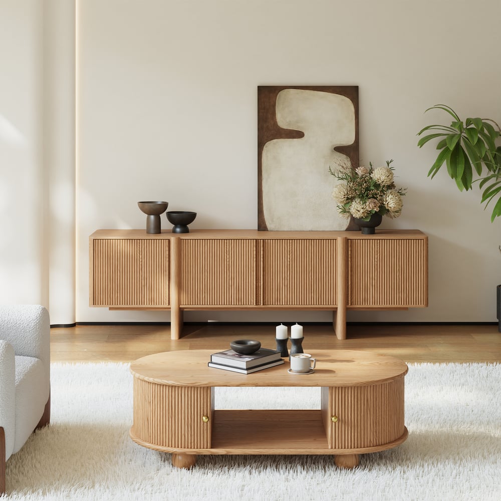 80" Solid Wood Fluted Natural TV Stand with Cabinets window image